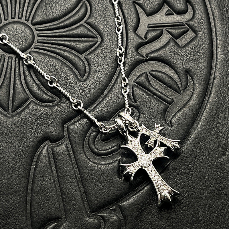 Punk hip-hop Thai silver plated 22K white gold double cross color diamond necklace sweater chain
